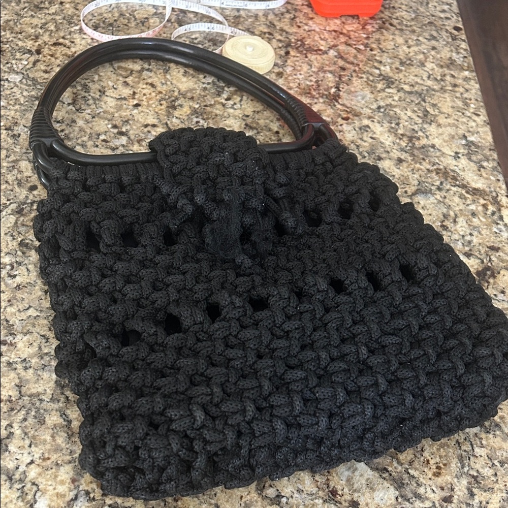 Black Handcrafted Macrame Plastic Handle Bag GUC